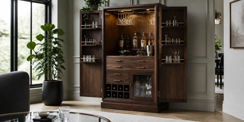 Open wooden bar cabinet with bottles and glasses