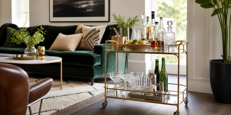 Styled bar cart with bottles and glassware