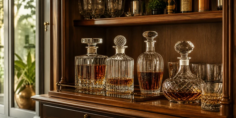 Crystal whiskey decanters on a home bar