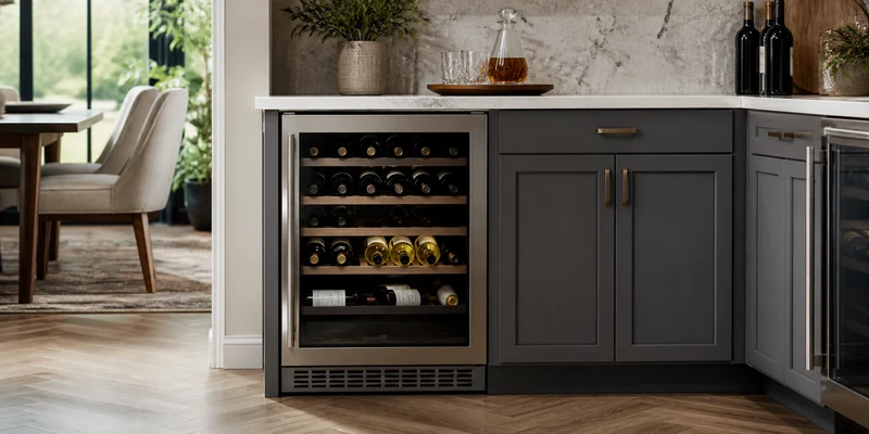 Built-in wine fridge with bottles