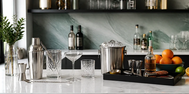 Home bar essentials on a counter