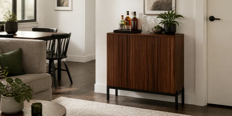 Small wooden bar cabinet in a living room