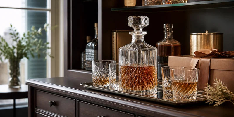 Whiskey decanter set on a home bar